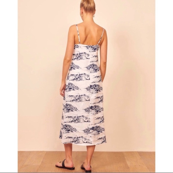 LIKE NEW 100% Linen Reformation Gisele Midi Dress Covina White Blue Size Small - Picture 5 of 13